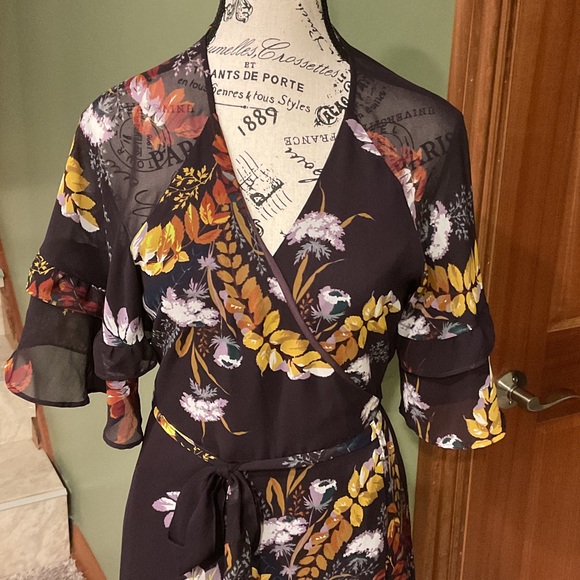 Madewell Floral Wrap Maxi Dress - Black with Yellow and Red, Size M - Picture 3 of 6